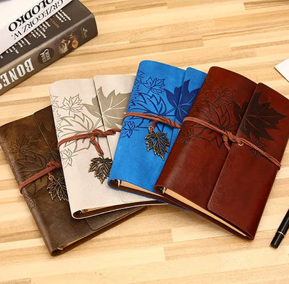 🍁 Vintage Leather Journal with Maple Leaf Design