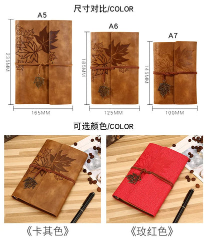 🍁 Vintage Leather Journal with Maple Leaf Design