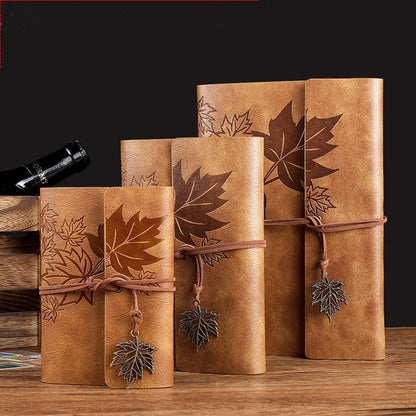 🍁 Vintage Leather Journal with Maple Leaf Design