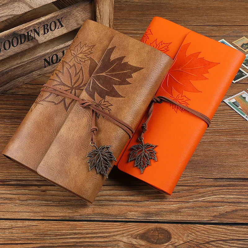 🍁 Vintage Leather Journal with Maple Leaf Design