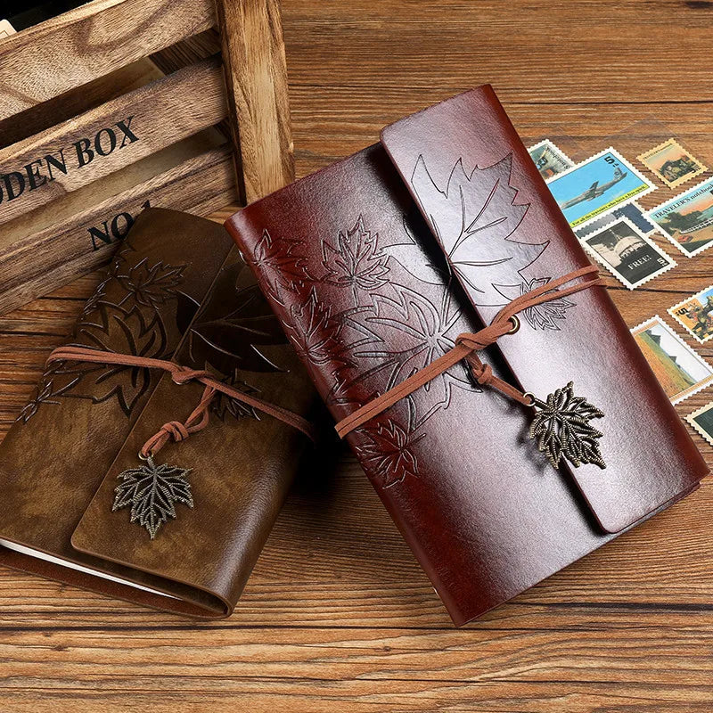 🍁 Vintage Leather Journal with Maple Leaf Design