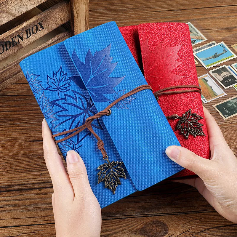 🍁 Vintage Leather Journal with Maple Leaf Design